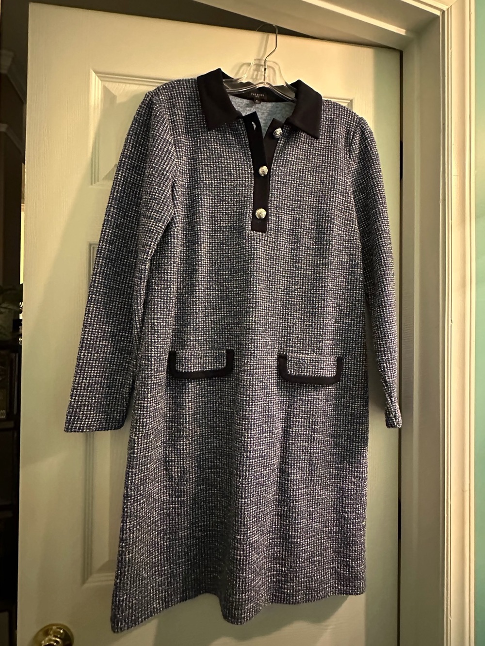 Talbots Classic Navy Tweed Polo Dress with Contrast Trim